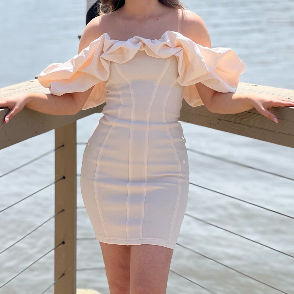 Ruffle Puff Shoulder Contoured Off Shoulder Ivory Mini Dress